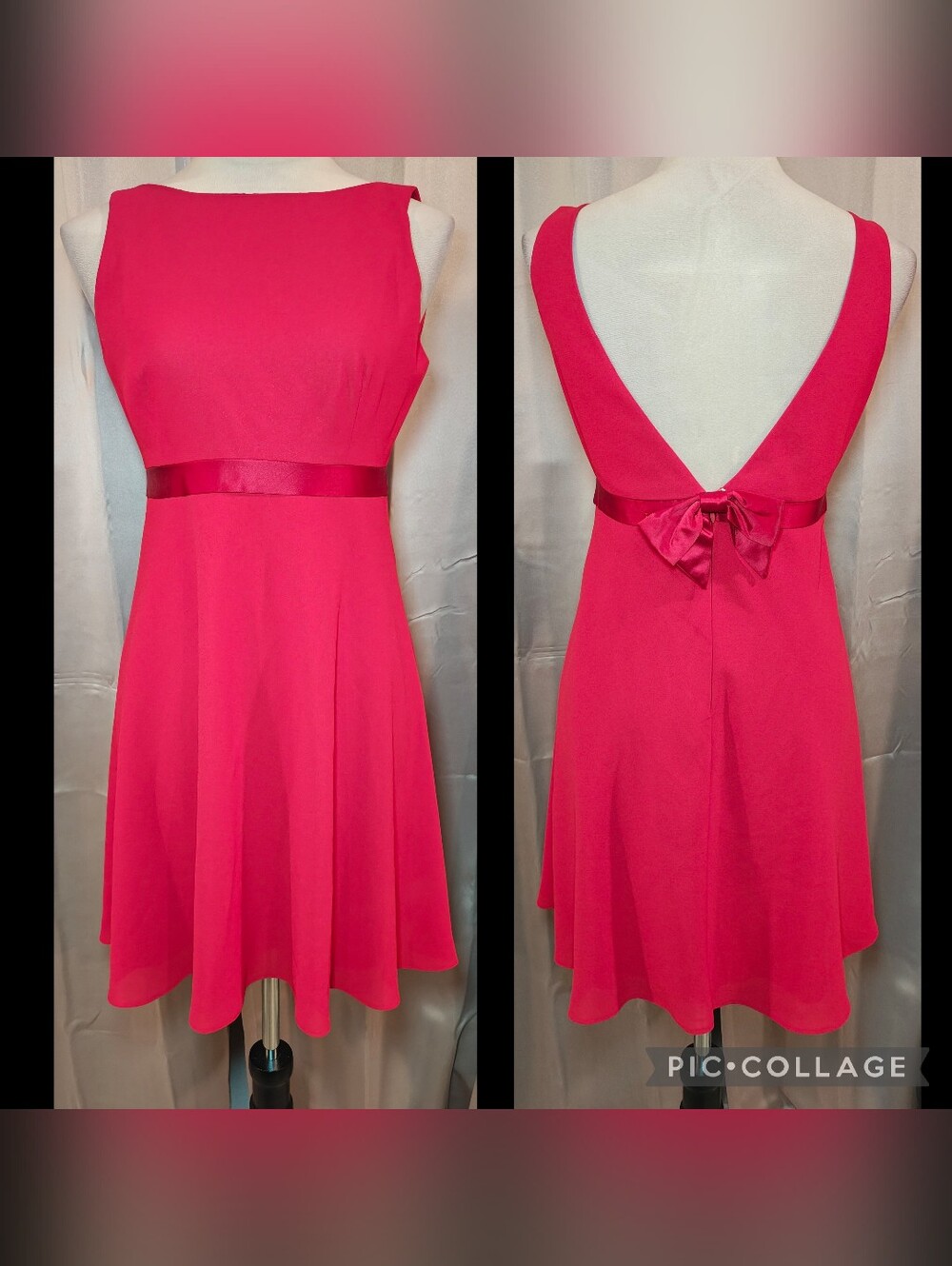 90s Laundry by Shelli Segal Red Silk Boatneck & Scoop Back w Empire Ribbon &Bow